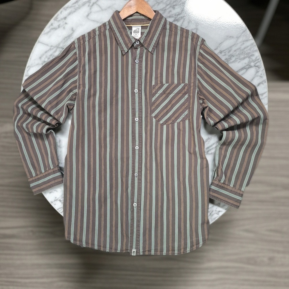 The North Face A5 Series Mens Med Brown Green Striped Cotton Button Down Shirt